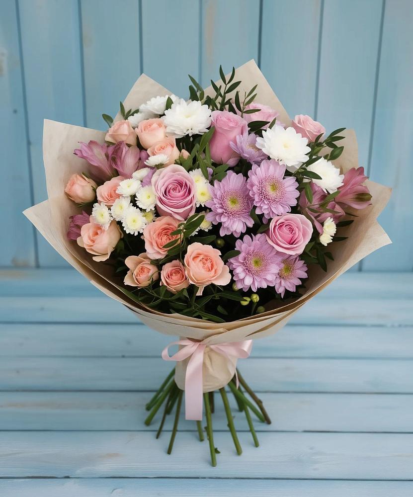 Букет цветов из: Хризантемы, Розы и Альстромерии в Равнинном