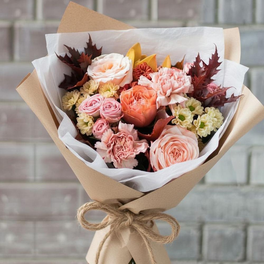 Букет цветов из: Гвоздики, Хризантемы и Розы в Равнинном