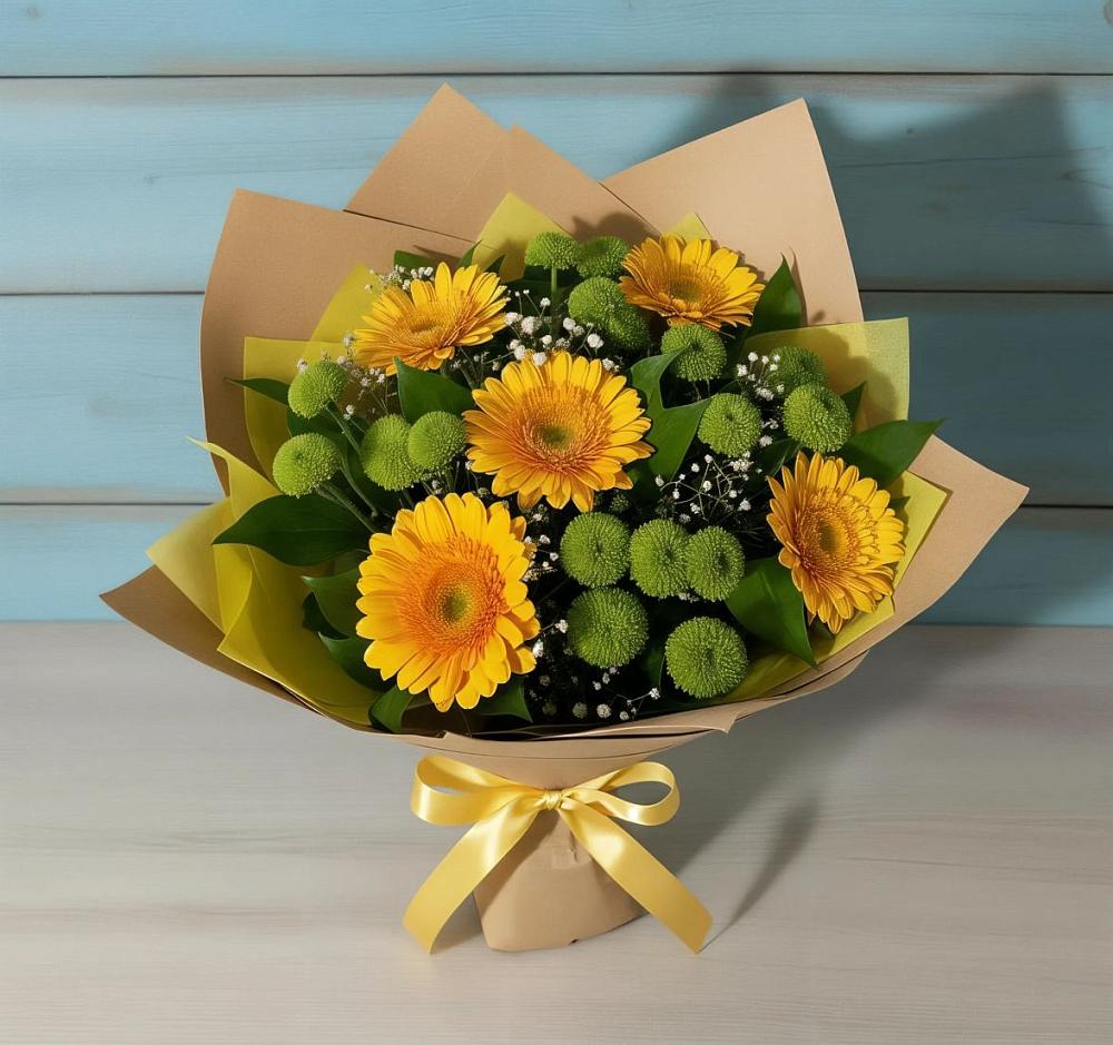Букет цветов из: Герберы и Хризантемы в Равнинном
