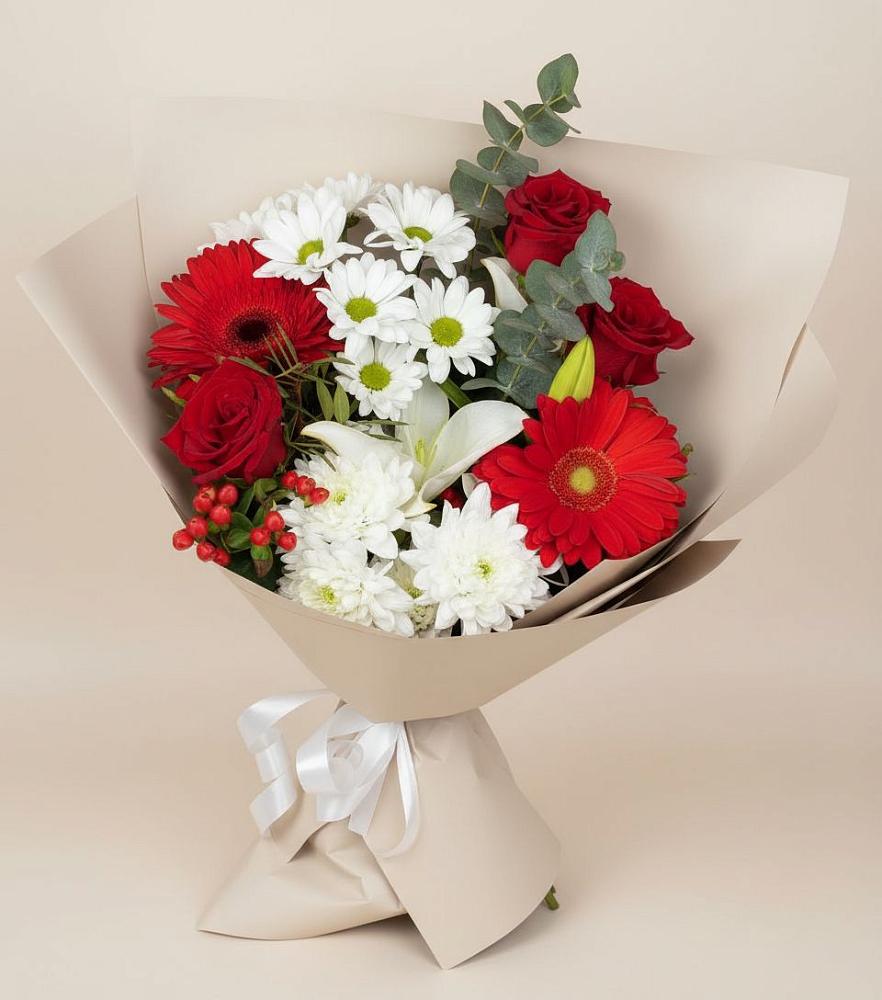 Букет цветов из: Розы, Хризантемы, Герберы и Лилии в Равнинном