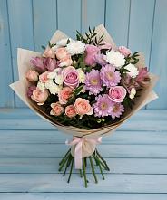 Букет цветов из:  Хризантемы, Розы и Альстромерии в Равнинном