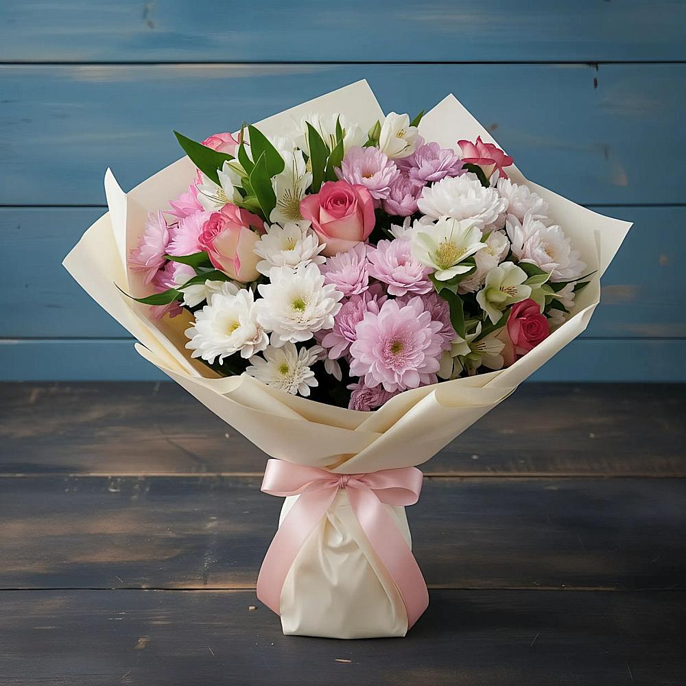 Букет цветов из: Хризантемы, Альстромерии и Розы в Равнинном